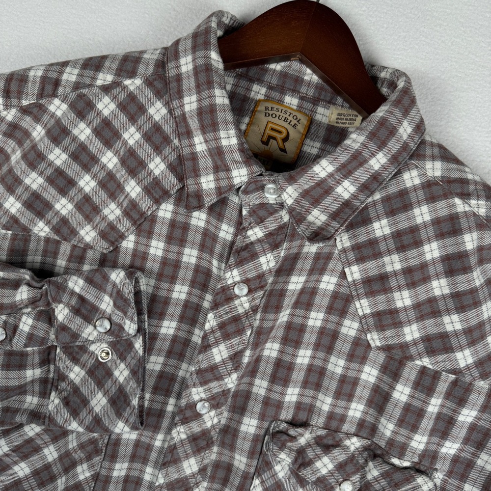 Resistol Double Pearl‎ Snap Flannel Shirt Mens 2XL Brown Plaid Western Cowboy